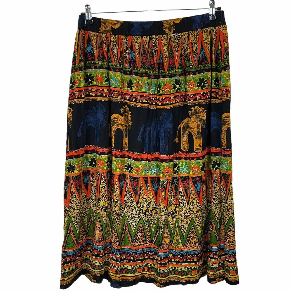 Horse Skirt 80s 90s Vintage Sharon Anthony Women's Navy Orange Green Tribal 18